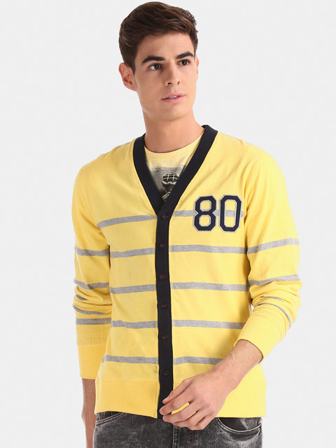 

Flying Machine Men Yellow Striped Cardigan Sweater