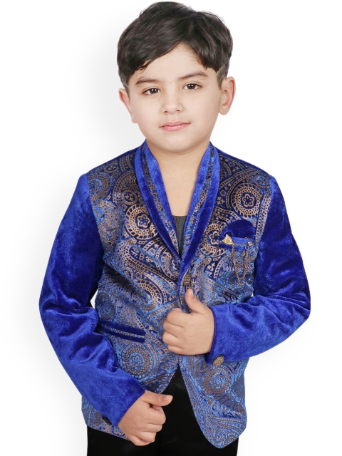 

SG YUVRAJ Boys Blue & Gold-Colour Printed Slim-Fit Tuxedo Party Blazer