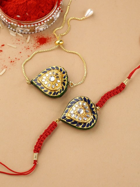 

Shoshaa Set of Blue & Gold-Toned Reversible Meenakari Bhai Bhabhi Rakhi Gift Set