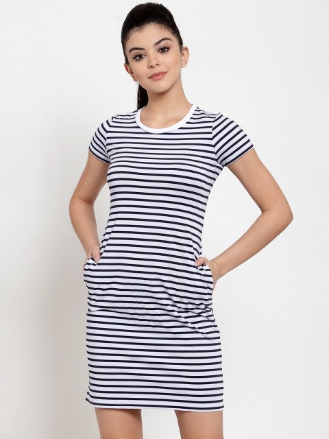 

BUKKUM Women Navy Blue & White Striped T-shirt Dress
