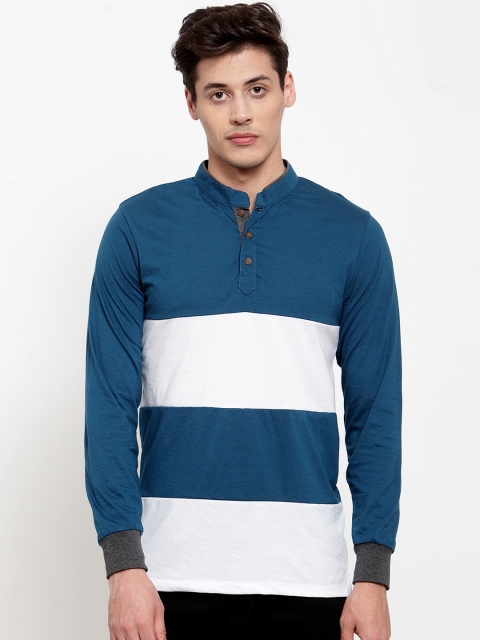 

Kalt Men Teal Blue Colourblocked Mandarin Collar T-shirt