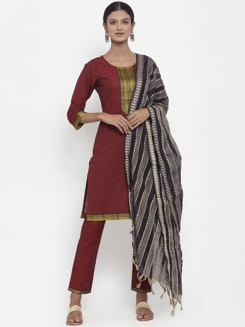 

Jompers Women Maroon Woven Design Kurta with Trousers & Dupatta