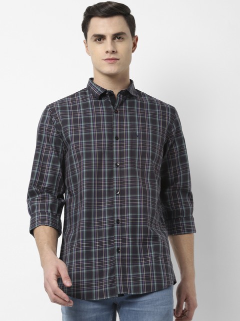 

Allen Solly Men Charcoal Grey & Sea Green Slim Fit Checked Casual Shirt