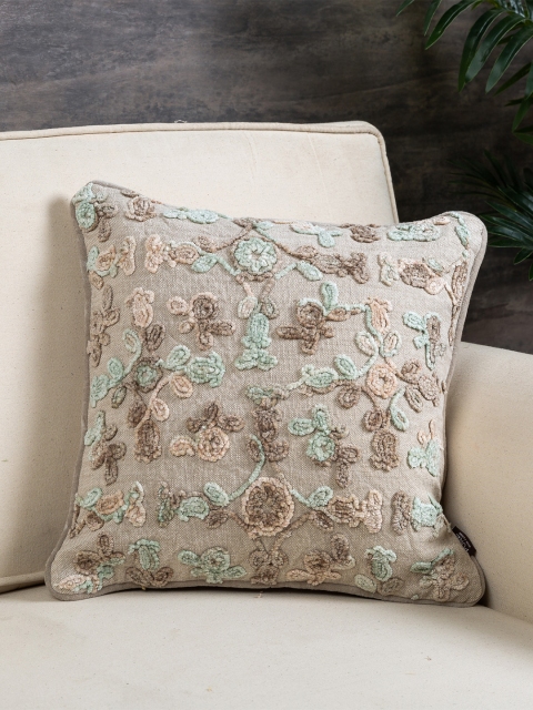 

Pure Home and Living Beige & Green Embroidered Square Cushion Cover