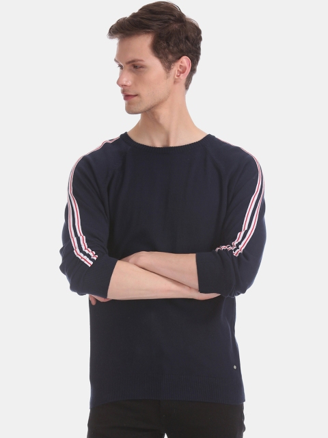

Ed Hardy Men Navy Blue Solid Pullover Sweater With Side Stripes