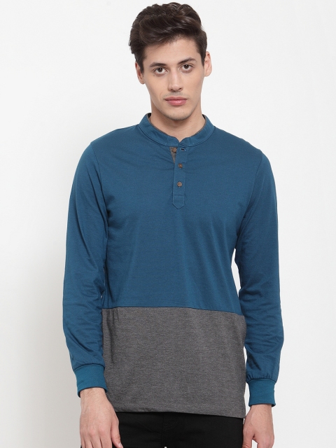 

Kalt Men Teal Blue & Grey Colourblocked Mandarin Collar T-shirt
