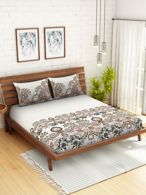 

SPACES Organic Cotton White & Grey Ethnic Motifs 180 TC Cotton 1 King Bedsheet with 2 Pillow Covers