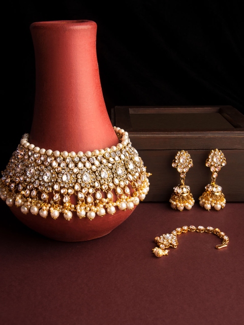 

Rubans Gold-Plated White Pearl & Kundan Studded Jewellery Set
