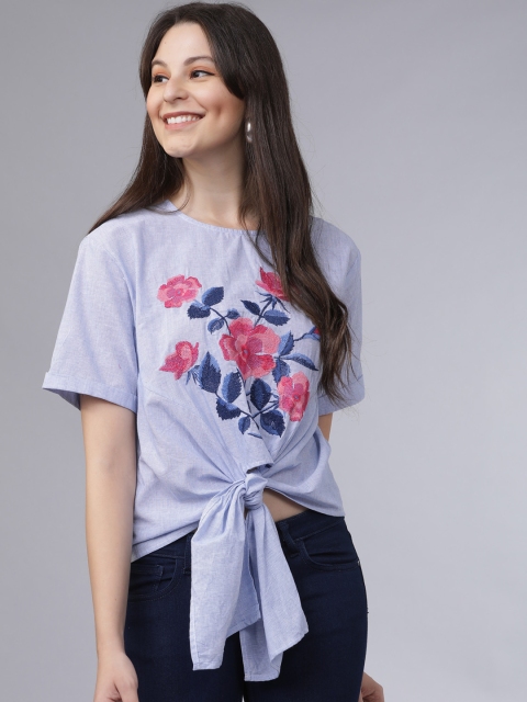 

Mumbai Slang Chic Women Blue Printed Boxy Pure Cotton Top