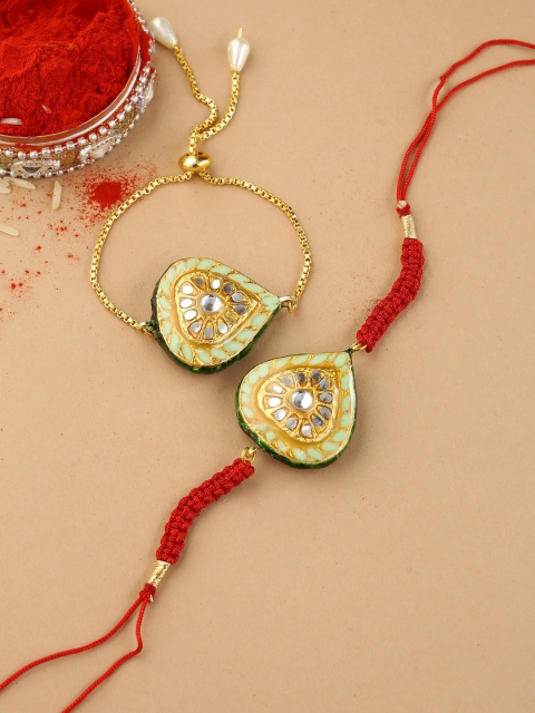 

Shoshaa Set of Green & Gold-Toned Reversible Meenakari Bhai Bhabhi Rakhi Gift Set