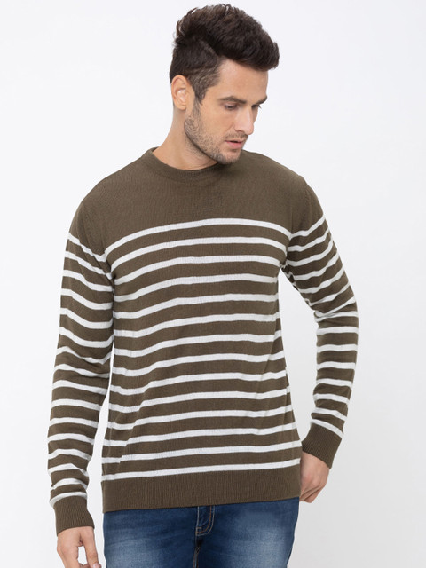 

Globus Men Olive Brown & White Striped Pullover Sweater