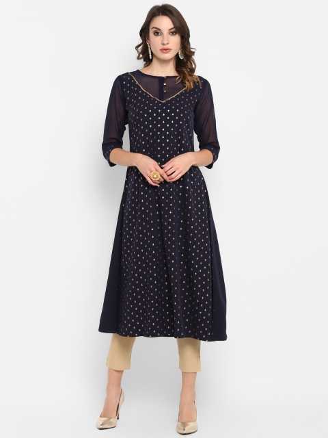 

Janasya Women Blue & Gold-Toned Printed A-Line Kurta