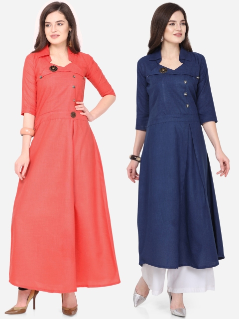 

Silk Bazar Women Peach & Navy Blue Solid Anarkali Kurta