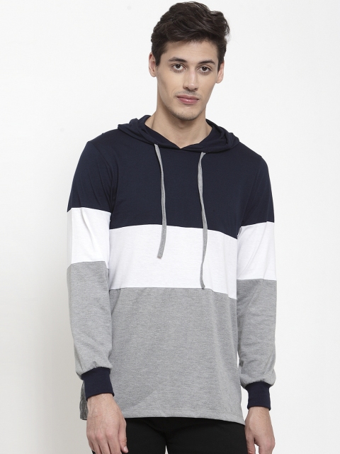 

Kalt Men Grey Melange & Navy Blue Colourblocked Hood T-shirt