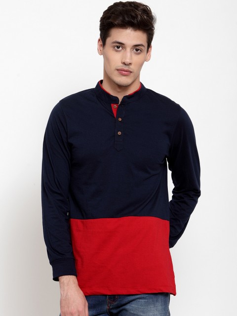 

Kalt Men Navy Blue & Red Colourblocked Mandarin Collar T-shirt