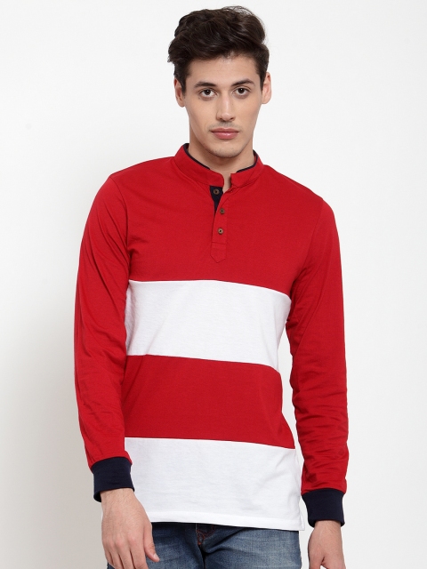 

Kalt Men Red & White Colourblocked Mandarin Collar T-shirt