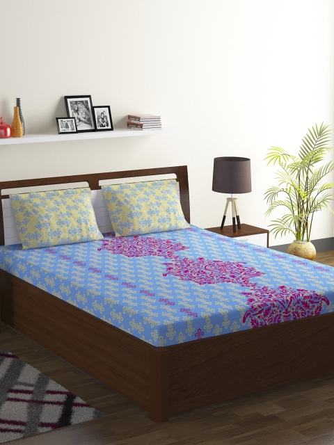 

BOMBAY DYEING Blue & Green Ethnic Motifs 104 TC Cotton 1 Queen Bedsheet with 2 Pillow Covers