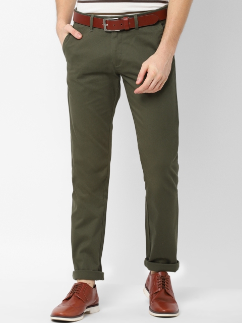 

Allen Solly Men Olive Green Slim Fit Self Design Regular Trousers