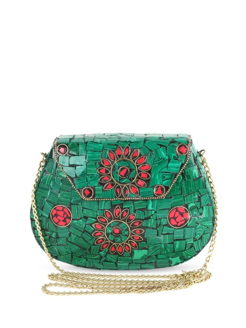 

VOILA Green & Pink Handmade Embellished Brass Clutch