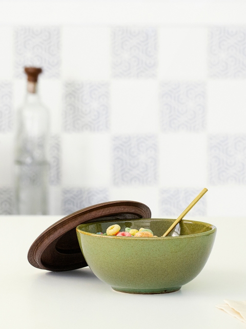 

ellementry Green & Brown Rustic Sage Ceramic Soup Bowl With Wooden Lid