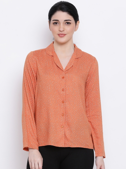 

Oxolloxo Women Orange & White Printed Regular Fit Cuban Collar Lounge Shirt