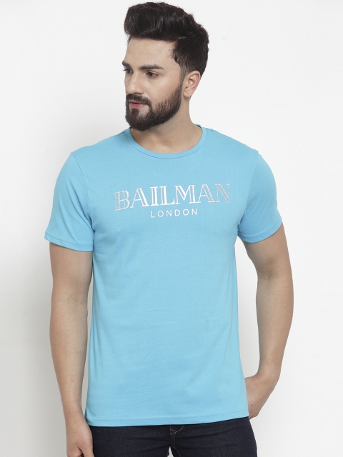 

DOOR74 Men Blue Printed Round Neck T-shirt