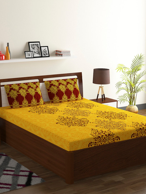 

BOMBAY DYEING Yellow & Maroon Ethnic Motifs 104 TC Cotton 1 Queen Bedsheet with 2 Pillow Covers