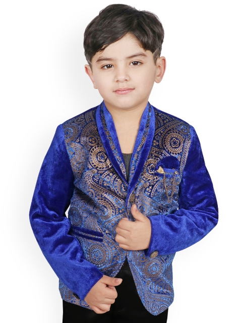 

SG YUVRAJ Boys Blue & Gold-Colour Printed Slim-Fit Tuxedo Party Blazer