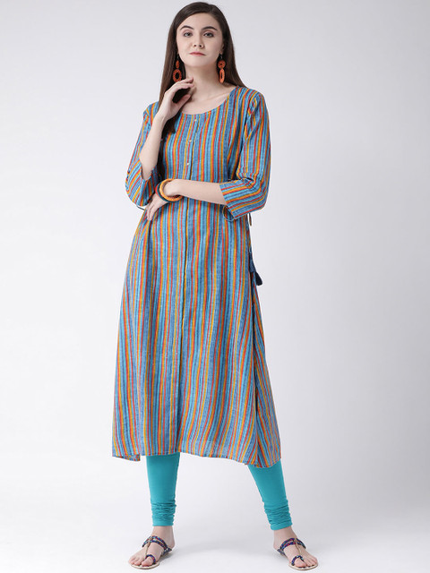 

Span Women Blue & Orange Striped A-Line Kurta