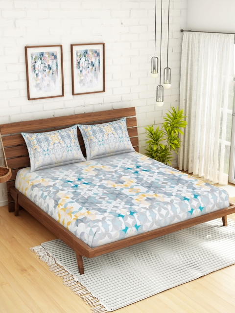 

SPACES Grey & Off-White Abstract 180 TC Cotton 1 King Bedsheet with 2 Pillow Covers