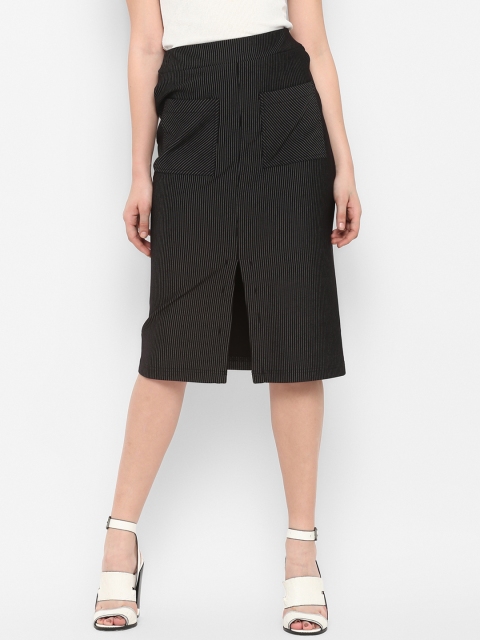

FOSH Women Black & White Striped Straight Knee-Length Skirt