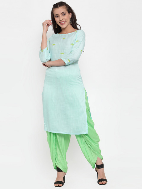 

Jompers Women Turquoise Blue & Lime Green Embroidered Kurta with Dhoti Pants