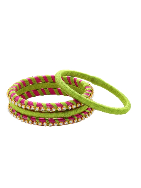 

AKSHARA Girls Set Of 4 Green & Pink Stone-Studded Handcrafted Bangles