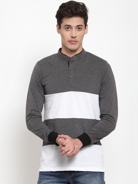 

Kalt Men Grey Colourblocked Mandarin Collar T-shirt
