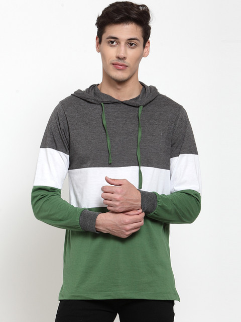 

Kalt Men Olive Green & Grey Colourblocked Hood T-shirt