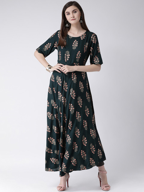 

Span Women Green & Peach-Coloured Floral Print A-Line Kurta