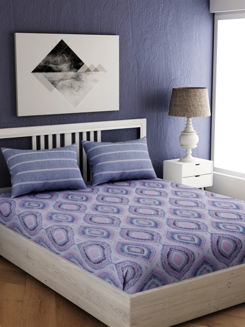 

EverHOME Purple Geometric 210 TC Cotton 1 Queen Bedsheet with 2 Pillow Covers