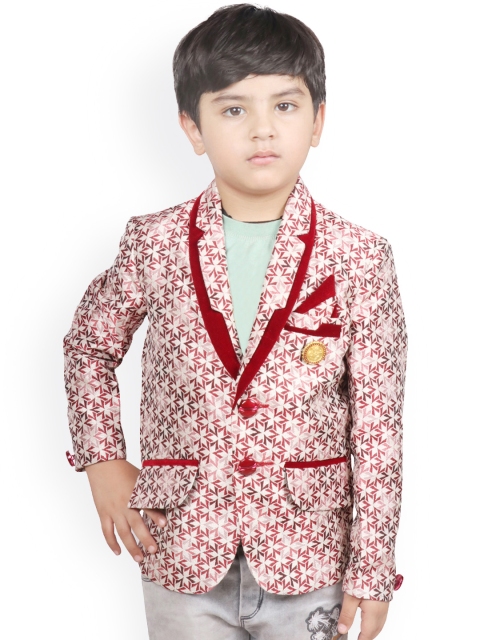 

SG YUVRAJ Boys Maroon & White Printed Slim-Fit Tuxedo Blazer