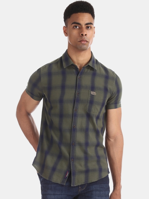 

U.S. Polo Assn. Men Green & Navy Blue Slim Fit Checked Casual Shirt