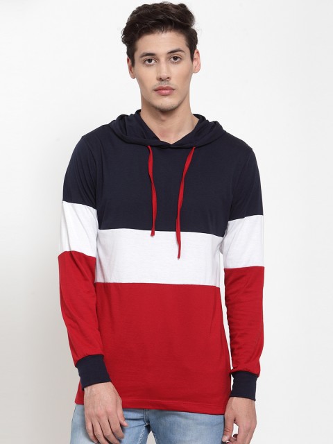 

Kalt Men Navy Blue & Red Colourblocked Hood T-shirt