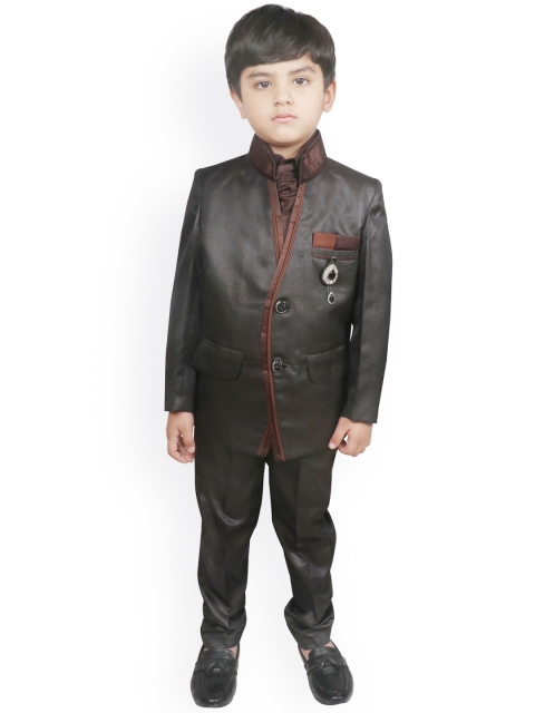 

SG YUVRAJ Boys Black & Coffee Brown Solid Bandhgala Party Suit