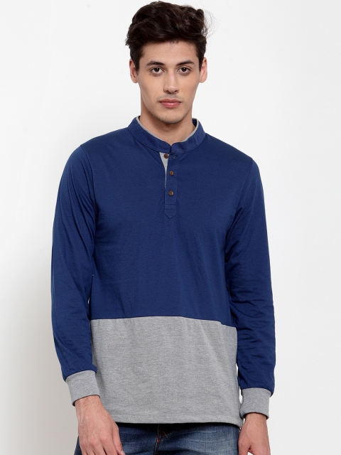 

Kalt Men Blue & Grey Melange Colourblocked Mandarin Collar T-shirt