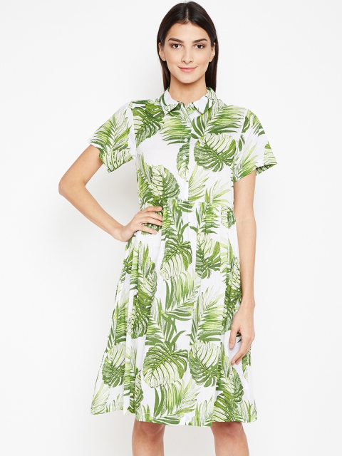 

Oxolloxo Women Green & White Printed Fit and Flare Dress