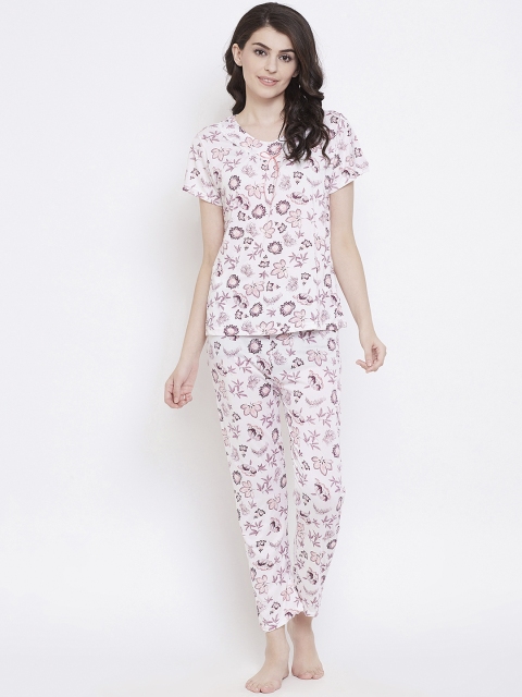 

Camey Women White & Maroon Printed Night suit