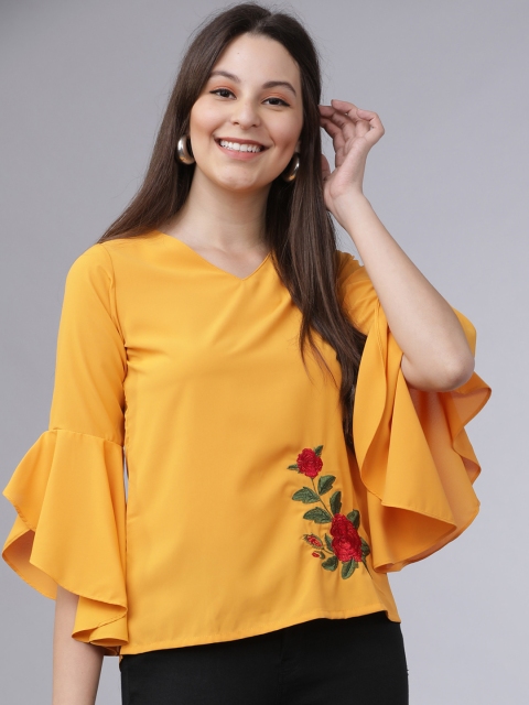 

Mumbai Slang Chic Women Mustard Yellow Embroidered Top