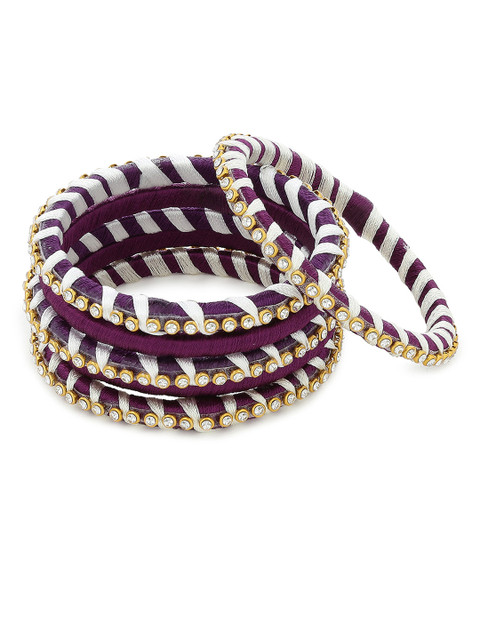 

AKSHARA Girls Set of 4 Purple & White Stone-Studded Handcrafted Silk Thread Bangles