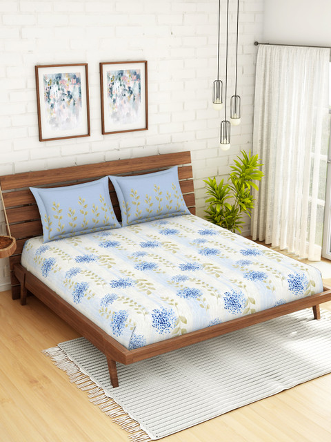 

SPACES White & Blue Floral 180 TC Organic Cotton 1 King Bedsheet with 2 Pillow Covers