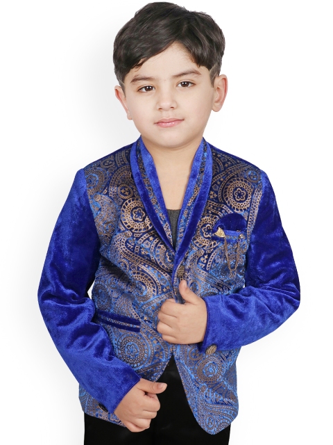 

SG YUVRAJ Boys Blue & Gold-Coloured Printed Slim-Fit Tuxedo Party Blazer