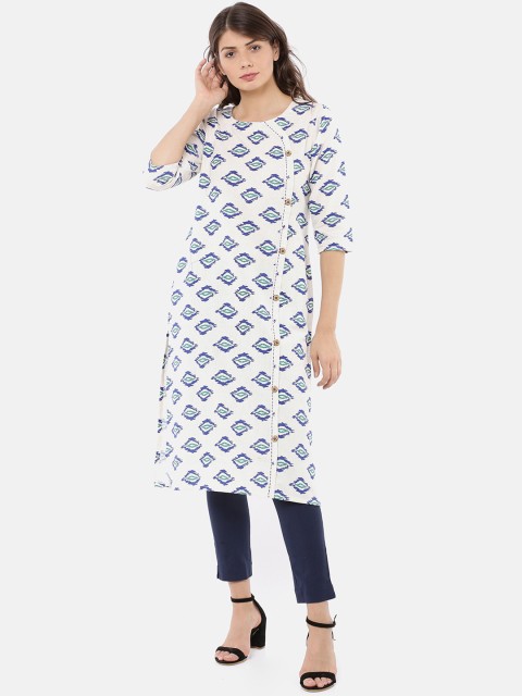 

GOLDSTROMS Women White & Blue Printed Kurta with Palazzos