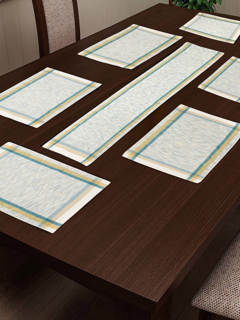 

NEUDIS Set Of 7 Green & Yellow Abstract Hand Woven Table Placemats With Runner